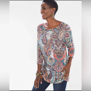 Chico's Paisley Cross Back 3/4 Sleeve Sweater medium petite P9